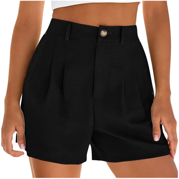 FRSASU Women's Cotton Linen Shorts Wide Leg Dress Casual Summer High Waisted Pleated Shorts with Pockets Black M(M)