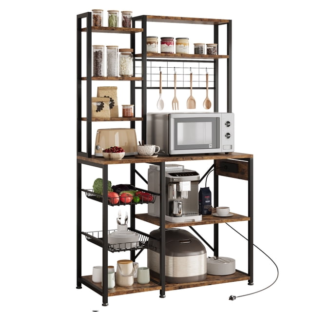 Ourlova Bakers Rack with Power Outlet, Microwave Stand with 2 Wire Drawer, Industrial Coffee Bar Station, 7-Tier Kitchen Bakers Rack with Large Storage