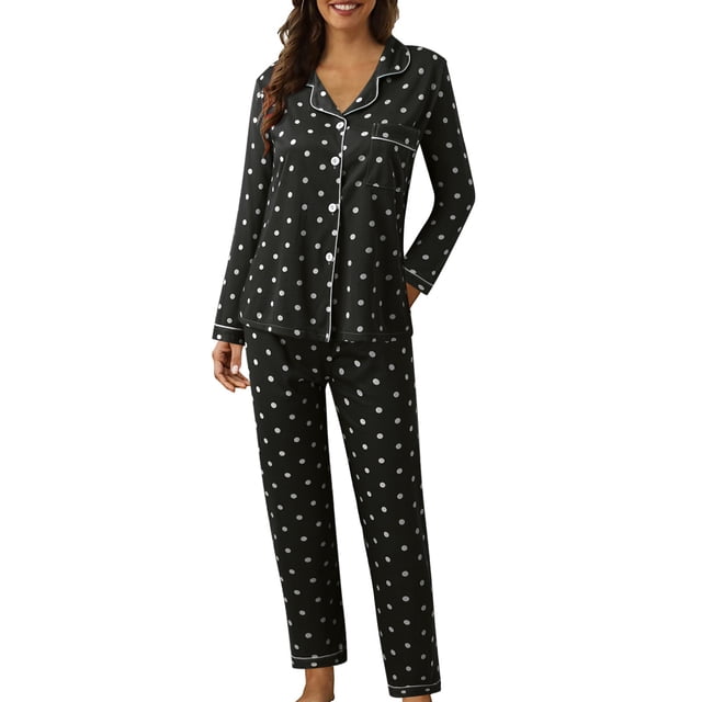 Kcodviy Pyjama Décontracté à Revers à Boutons pour Femmes, Court, à Pois, Imprimé, Deux Pièces, Pyjama d'Hiver pour Femmes, Pyjama à Manches Longues pour Femmes Grandes, Ensemble de Pyjama