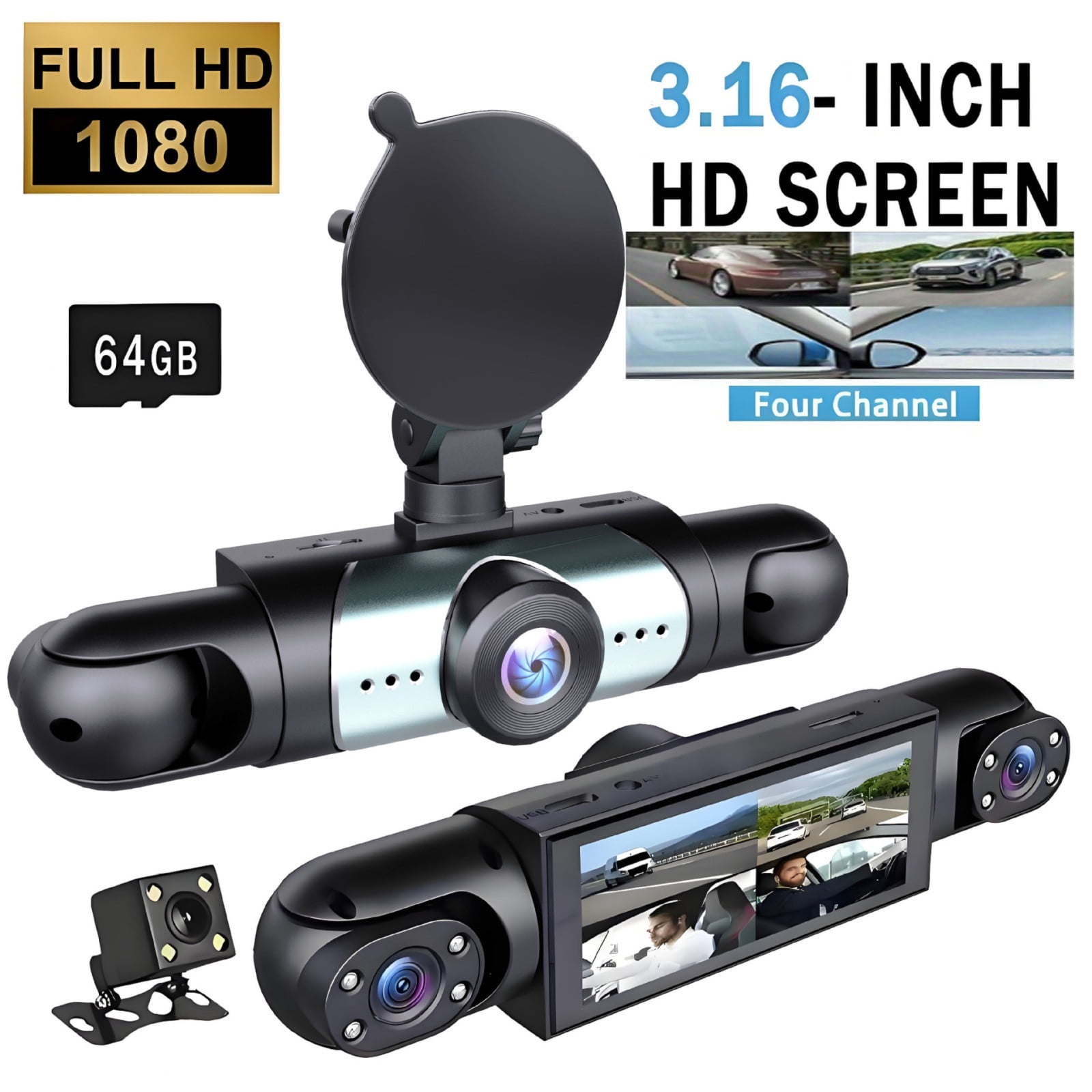 4 Channel Dash Cam 1080P HD, Xinsrenus Four Lens Car Recorder Front Rear Left Right, Quad Dashcam With Parking Monitor Backup Camera For Car 64GB