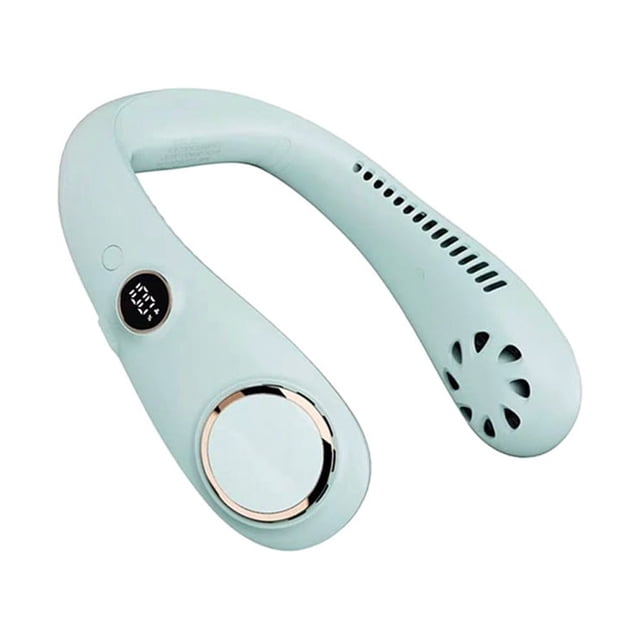 Ventilateur Portable Sans Pales à Suspendre au Cou, Vert Pâle, avec une Vitesse de Vent Réglable à 3 Vitesses, une Sortie de Vent à 360°, et un Écran d'Affichage Numérique à DEL. le Ventilateur a une Taille Compacte de 22,6 x 19,8 x 5,6 cm (8,9 x 7,8 x 2,2 Po) et une Capacité de Batterie de 2000 mAh. Comprend un Câble de Chargement.