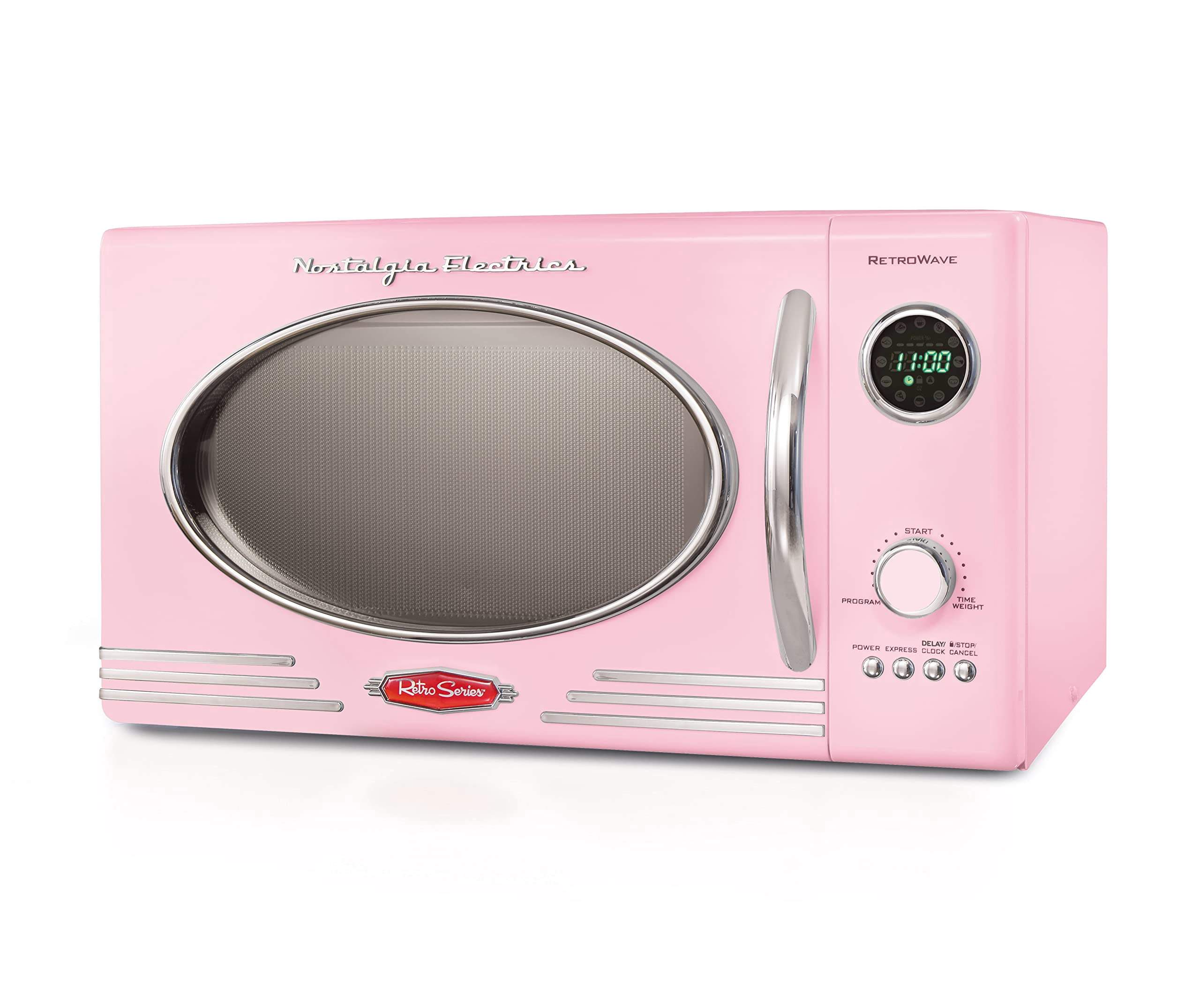 Nostalgia Retro Countertop Microwave Oven, 0.9 Cu. Ft. 800-Watts with LED Digital Display, Child Lock, Easy Clean Interior, Cu.Ft, Pink