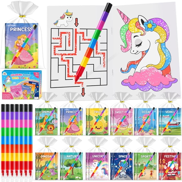 ZMLM 24 Coloring Books for Kids Party Favors Bulk with 24 Stacking Crayons, Mini Coloring Books for Ages 4-8 Goodie Bags Stuffers Toddlers Birthday Gifts Classroom Prizes Art Crafts T