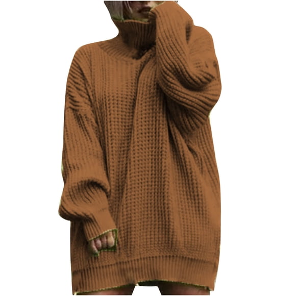 Backless Maxi Dress Womens Turtleneck Oversized Long Sleeve Sweater Dress Plus Size Tunic Pullover Knit Fall Dresses Princess Dresses for Womens S-80 Coffee L