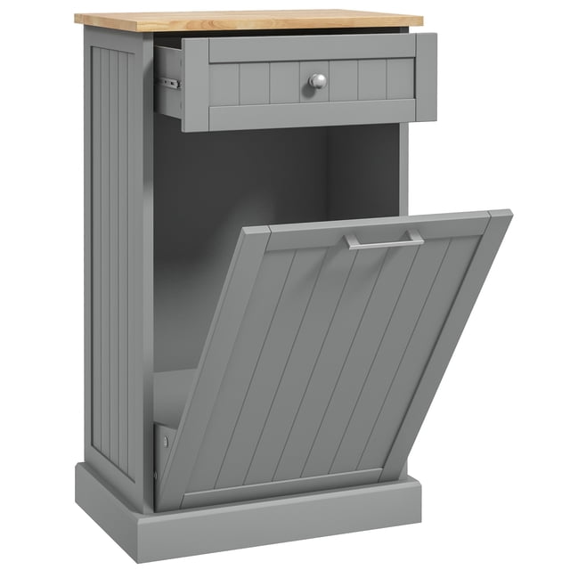 HOMCOM Armoire à Déchets Basculante en Gris avec Plateau en Bois Naturel. Comprend une Porte Basculante pour le Rangement Caché des Déchets, un Tiroir Supérieur pour les Petits Essentiels de Cuisine, et une structure Robuste en MDF avec Revêtement Protecteur. Mesure 20,1 Pouces de long, 13,2 Pouces de Large et 35,4 Pouces de Haut. Convient aux Cuisines, Couloirs Ou Buanderies.
