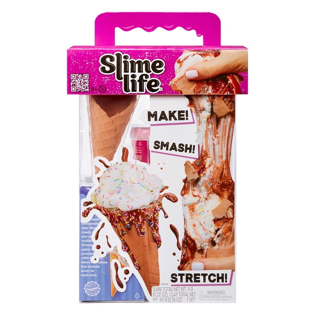 Slime Life Ice Cream Cone DIY Slime Kit featuring multicolour slime shaped like an ice cream cone with chocolate sauce, sprinkles, and whipped cream toppings in a pink handle box with 'Make! Smash! Stretch!' text, ideal for sensory play and stress relief.