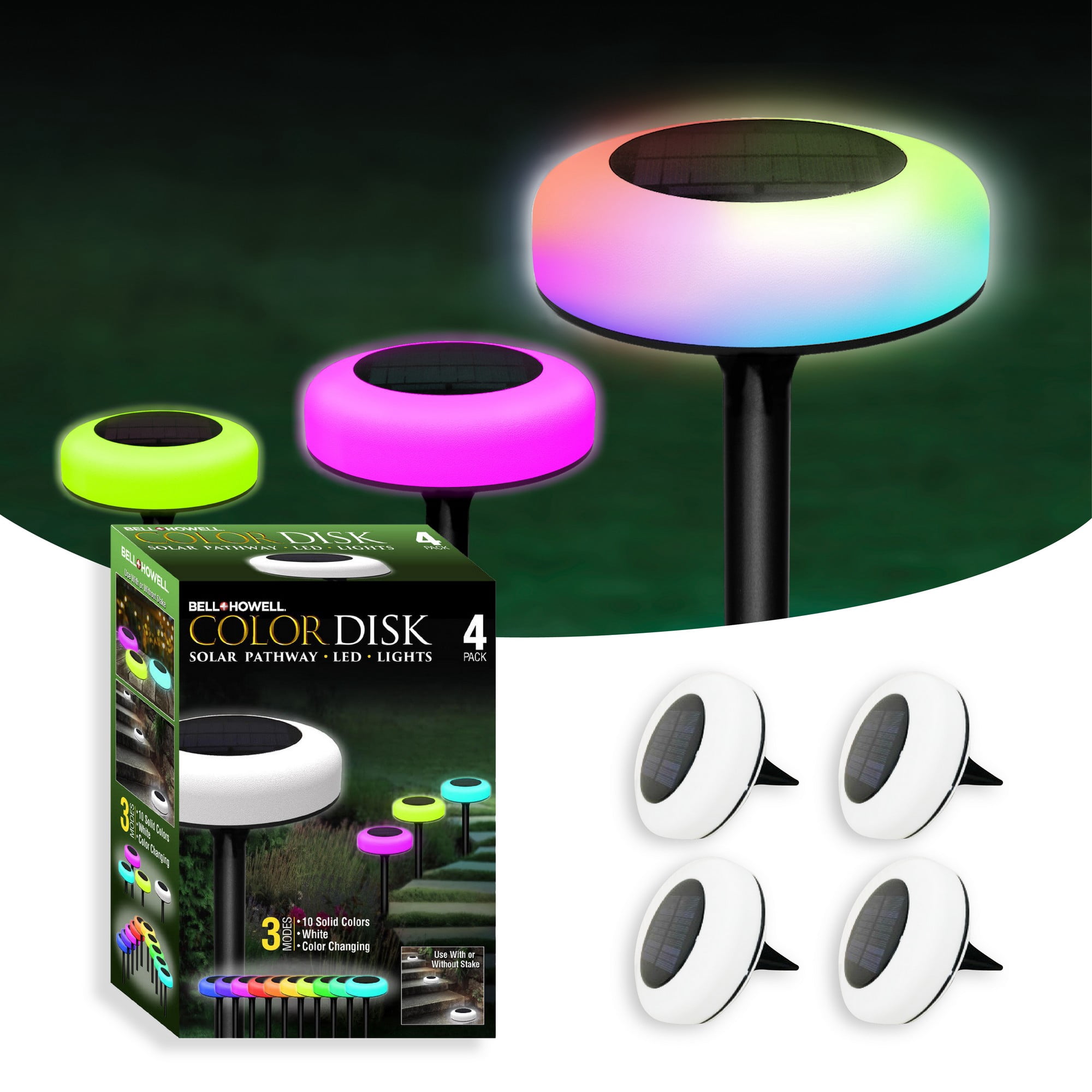 Bell + Howell Color Disk 4 Pack Solar Pathway LED Lights with White and Color Changing Modes Outdoor