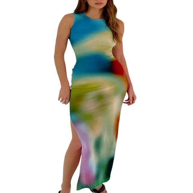 Robe Longue d'Été pour Femme, Col Rond, Imprimé Teinture sur Nœuds, Coupe Ajustée, Fente Latérale, Découpes, Sans Manches, Robe Moulante, Style D m