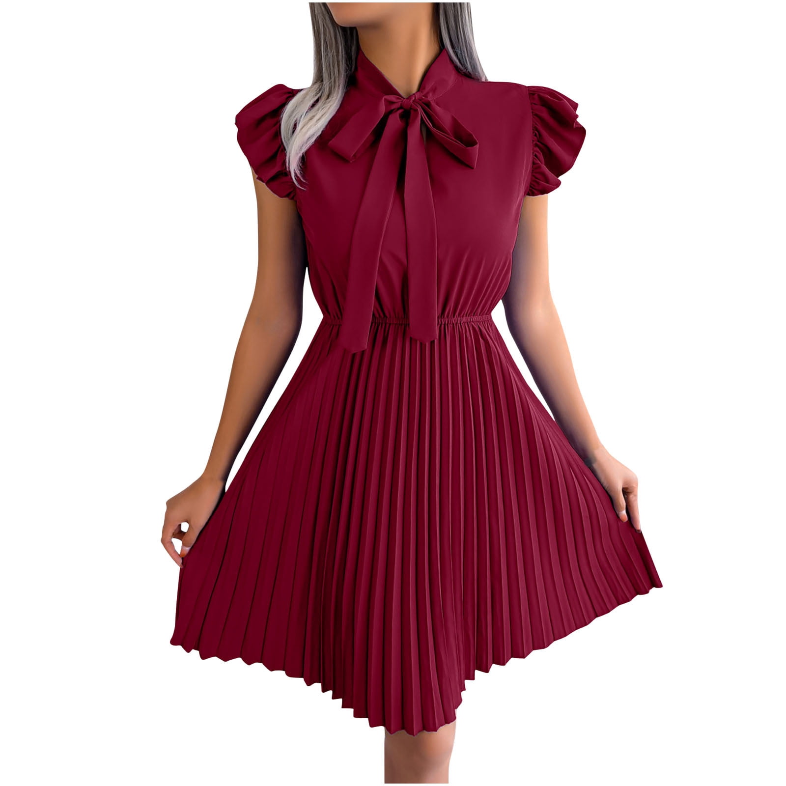 Birdeem Robe Plissée à Grand Mouvement pour Femmes, Unie, Col Rond, Bois Massif, avec Oreilles, Laçage, Taille à Nœud