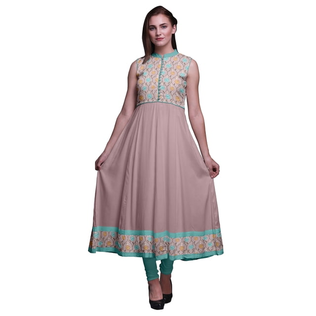 Bimba Kurti Longue Indienne Rose Aube à Fleurs pour Femmes Tenue de Fête Imprimée Sans Manches Robe Anarkali Kurti Très Grande