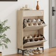 thumbnail image 4 of Slim Rattan Shoe Cabinet - 2 Turn Drawers, 1 Pull-Out Drawer, Adjustable Shelf - Freestanding Entryway Shoe Storage Organizer - Heavy Duty Metal Legs - Space-Saving Hallway Rack - Wood Color, 4 of 8