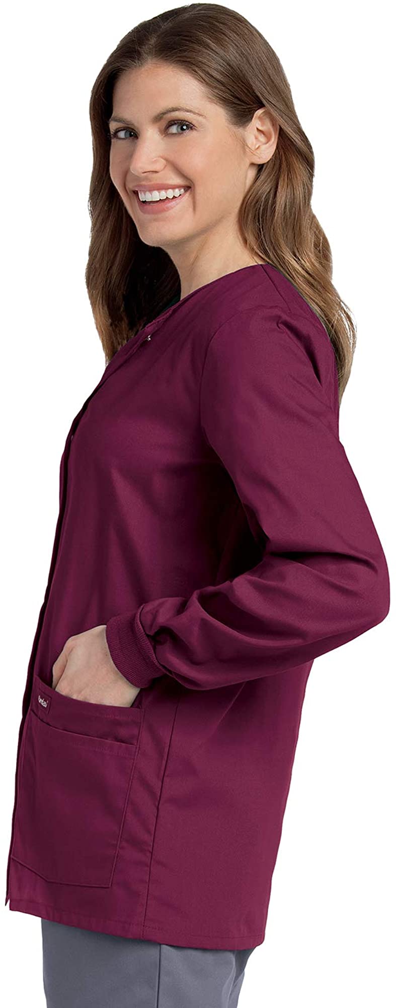 Landau Essentials Veste d'Uniforme à 4 Poches pour Femmes : Coupe Classique et Décontractée, Col Ras du Cou, devant à Boutons-Pression et Poignets en Tricot 7525