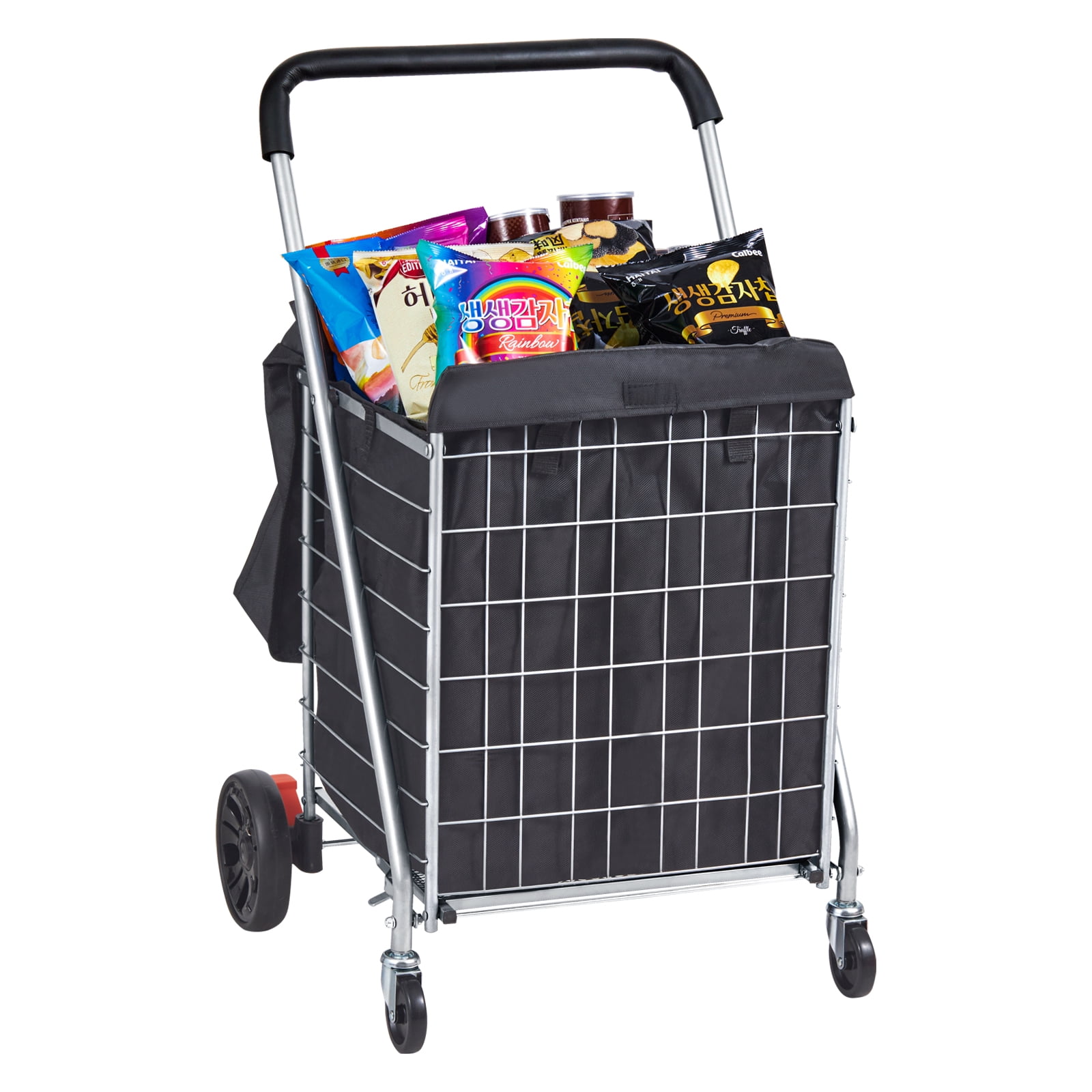 SKYSHALO Chariot de Courses Pliant, Capacité de Charge Maximale de 200 Lb, Chariot Utilitaire d'Épicerie avec Roues Pivotantes et Sac, Panier à Linge Pliable Robuste, Chariot Compact Léger Pliable, Argent