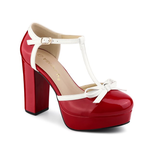 BLISSFUL STEP Escarpins à Plateforme pour Femmes à Bride en T avec Nœud Vintage à Talons Blocs Rouges 6
