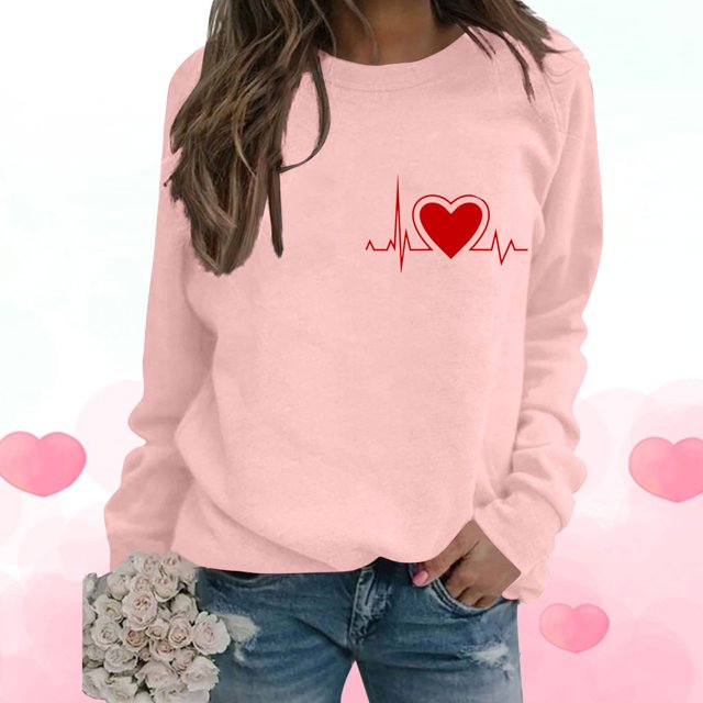 Qertyioot T-Shirt Graphique pour Femmes de la Saint-Valentin à Manches Longues, Haut à Col Rond Imprimé, Chandail Décontracté