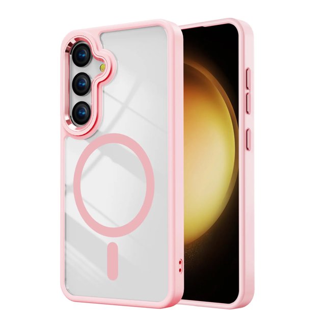 Samsung Galaxy S24 FE Case, Transparent Hard PC Hybrid Back Cover with Magnetic MagSafe Compatible. The case features a translucent hard PC back with a pink bumper, offering anti-fingerprint and anti-slip properties. It includes a built-in magnetic ring for MagSafe compatibility, ensuring seamless wireless charging. The raised bezels protect the screen and camera, while precise cutouts provide easy access to buttons, ports, and speakers. Slim and lightweight design enhances the phone's aesthetics while maintaining durability.