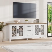 Farmhouse TV Stand for Living Room, Entertainment Center with Glass Door, Mid Century Modern Television Stands 2 Storage Door and 3 Drawer for 70 inch tv, TV Console for Bedroom (White Brown)