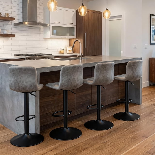 Bar Stools Set of 4, Height Adjustable Swivel Barstools, Bar Chairs with Backs & Metal Footrest for Home Kitchen, Barstools for Kitchen Dining Reception, PU Leather, Gray
