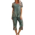 thumbnail image 1 of PEZHADA Ensembles 2 Pcs pour Femmes Ensembles Assortis de Détente Deux Pièces Pantalons en Lin Col Ras du Cou Manches Courtes Hauts Vêtements de Détente Pyjamas Vêtements Tendance Ensemble de Vacances d'Été Vert Armée, 1 of 6