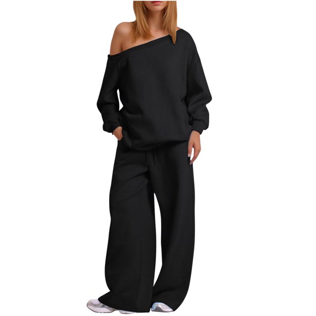 MeetoTime Ensemble 2 Pcs pour Femmes en Molleton, Chandail à Col Rond, Pantalon Grand, Survêtement, Tenue de Détente