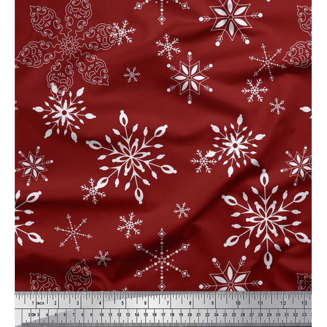 Soimoi Red Georgette Viscose Fabric Snow Flakes Floral Printed Fabric 1 Yard 42 Inch Wide