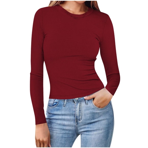 Timegard Womens Tops Crew Neck Long Sleeve Tops Ribbed Knit Slim Basic Tee Shirts Casual Going out Top