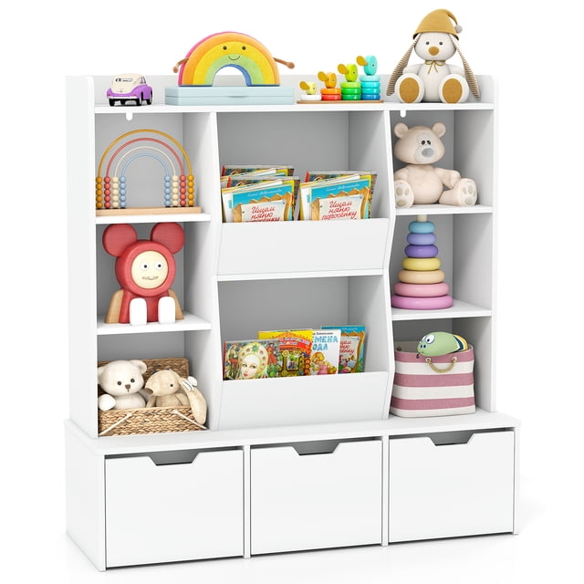 Gymax 47'' Children Bookcase Toy Storage Organizer with 3 movable drawers and 8 cubbies. The white MDF and engineered wood unit features a top shelf, two inclined compartments, and six cubbies for books, toys, and decor. Three removable drawers with cut-out handles and wheels provide flexible storage. Rounded corners and an anti-toppling design ensure safety. Suitable for kids aged 3+ years, ideal for playrooms, bedrooms, or classrooms.
