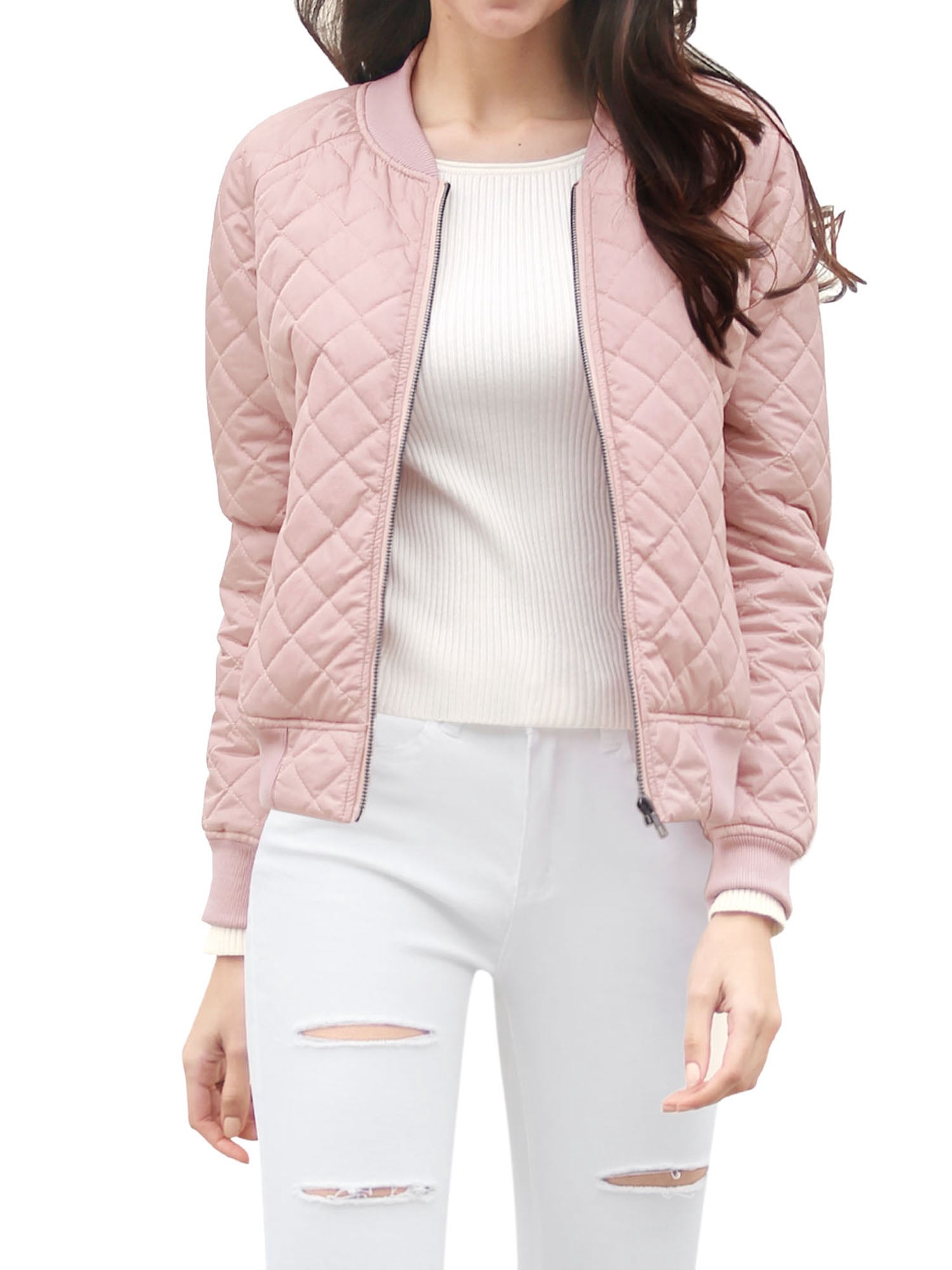 INSPIRE CHIC Women's Stand Collar Zip Up Raglan Sleeves Bomber Quilted Jacket L Pink