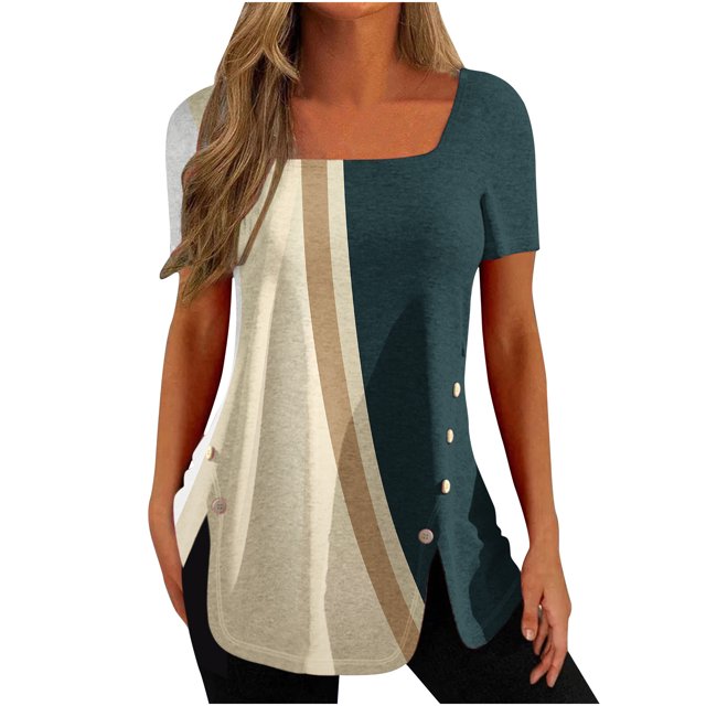 Birdeem Fashion Womens Casual Printed Square Neck Short Sleeve Buttons Tops Loose Blouses