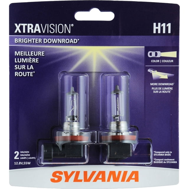 SYLVANIA H11 XtraVision Halogen Headlights package with two clear halogen bulbs featuring black bases and orange sealing rings, designed for brighter downroad visibility with no added glare, displayed in purple and white packaging with bilingual English and French text and 12.8V, 55W specifications.
