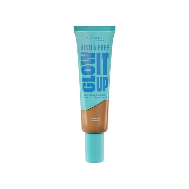 Kind & Free Glow It Up Moisturising Skin Tint by Rimmel London in natural beige shade, a lightweight tinted moisturizer tube with turquoise cap and bold blue text, formulated to soothe sensitive skin, blur imperfections, and provide all-day hydration with a healthy, dewy finish.