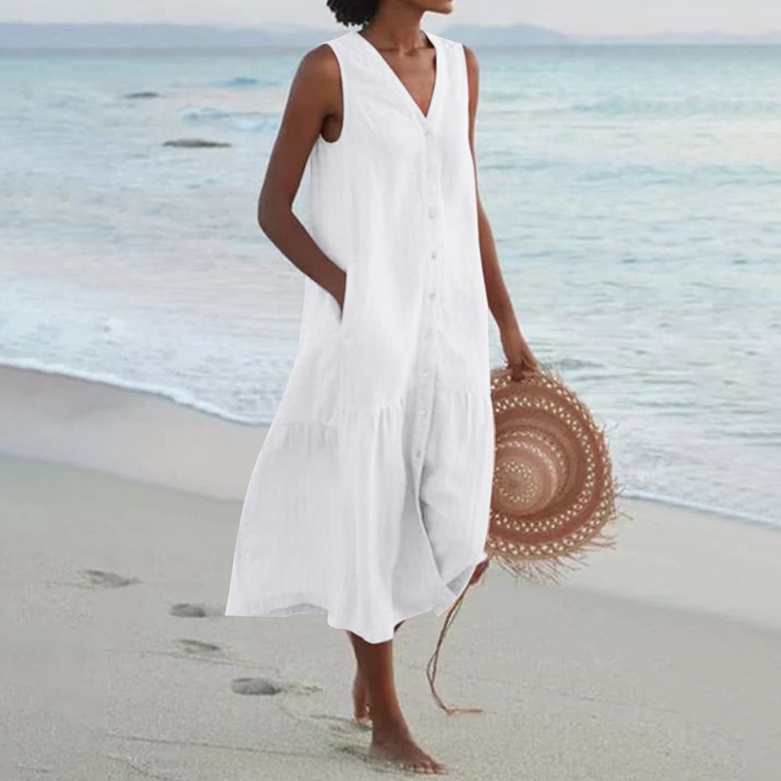 Staron Clearance Summer Dresses For Women 2025 Cotton Linen Sleeveless Elegant Flowy Loose Long Dress Vacation Button V Neck Plus Size Dresses With Po