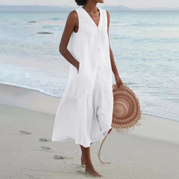 Staron Womens Dresses Summer Clearance Under $10 Cotton Linen Plus Size Button V Neck Sundresses Beach Summer Elegant Flowy Sleeveless Loose Long Dress White S