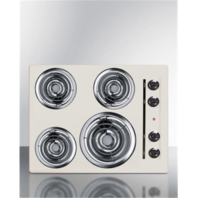 Summit Appliance SEL03 24 in. 220V Electric Cooktop in bisque porcelain with a scratch-resistant surface. Features four coil elements, including one 8-inch and three 6-inch burners, each with chrome drip bowls. The cooktop has a recessed top to contain spills and dial controls on the right side. Designed for easy cleanup and durability, it measures 24 inches wide and is UL and ULC certified for safety. Suitable for built-in countertop installation.