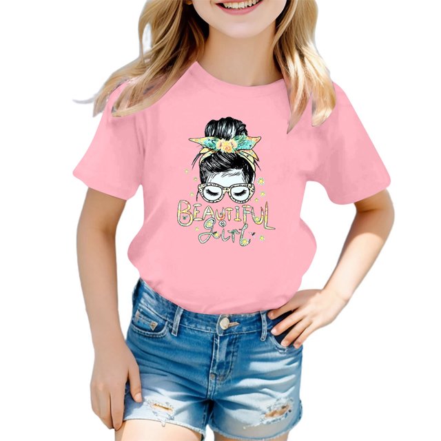 WEAIXIMIUNG T-Shirts à Col Montant pour Fille Enfant Filles Mignon Imprimé Graphique Col Rond Manches Courtes Tee Été Décontracté T-Shirt