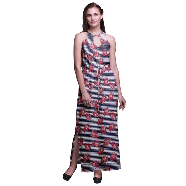 Bimba Robe Longue de Soirée à Fleurs pour Femmes, Col Rond, Fentes Latérales, Dos Nu, Très Grande Taille