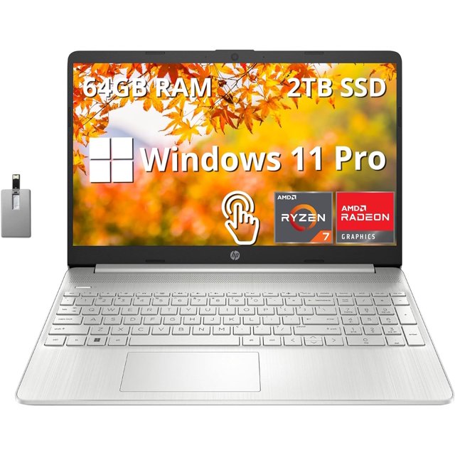 HP Pavilion Portable à Écran Tactile FHD de 15,6 Pouces en Argent, Doté d'Un Processeur AMD Ryzen 7 5700U, de 64 Go de RAM, d'Un SSD de 2 To et de Graphiques AMD Radeon. l'Ordinateur Portable Comprend un Clavier Pleine Grandeur avec Pavé Numérique, une Caméra Web HD et s'Exécute sur Windows 11 Pro. Il a un Écran Tactile IPS Full HD de 15,6 Pouces avec des Couleurs Vibrantes et un design micro-edge. les Ports Incluent USB Type-A, USB Type-C, HDMI 1