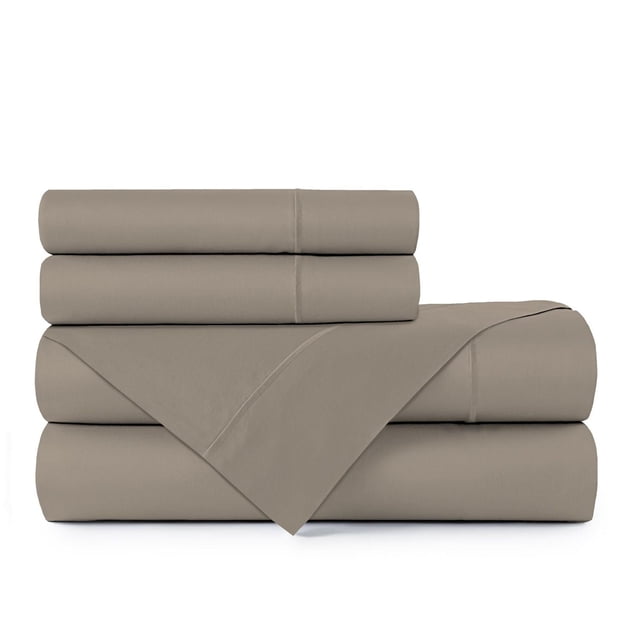 Johnson Home 300 Thread Count Combed Egyptian Cotton Sheet Sets in taupe, stacked with two pillowcases, a folded flat sheet over a fitted sheet, crafted from breathable, durable Egyptian cotton that softens with washing and regulates temperature year-round.