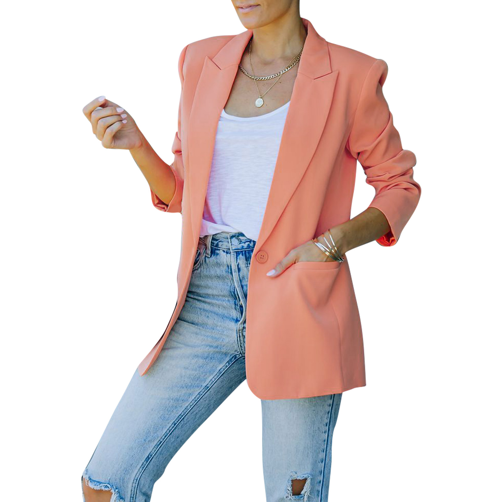 Women Casual Shacket Lapel Blazer Jacket Work Open Front Blazer Jacket Solid Color Business Suit with Pockets