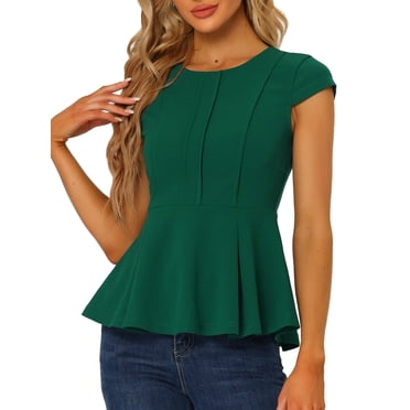 INSPIRE CHIC Women's Peplum Tops Cap Sleeve Round Neck Solid Color Blouses XS Green