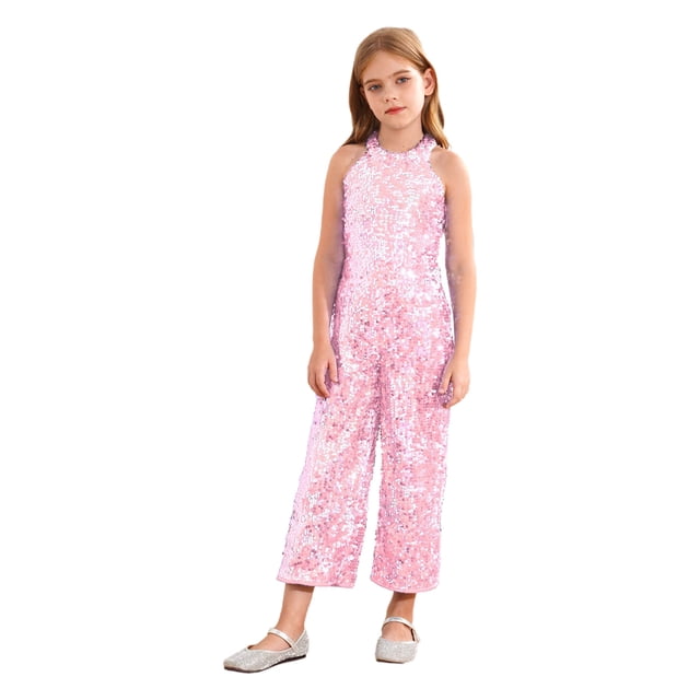 Choomomo Combinaison à Sequins pour Filles, Col Halter, Sans Manches, pour Fête, Danse Formelle, Rose 14