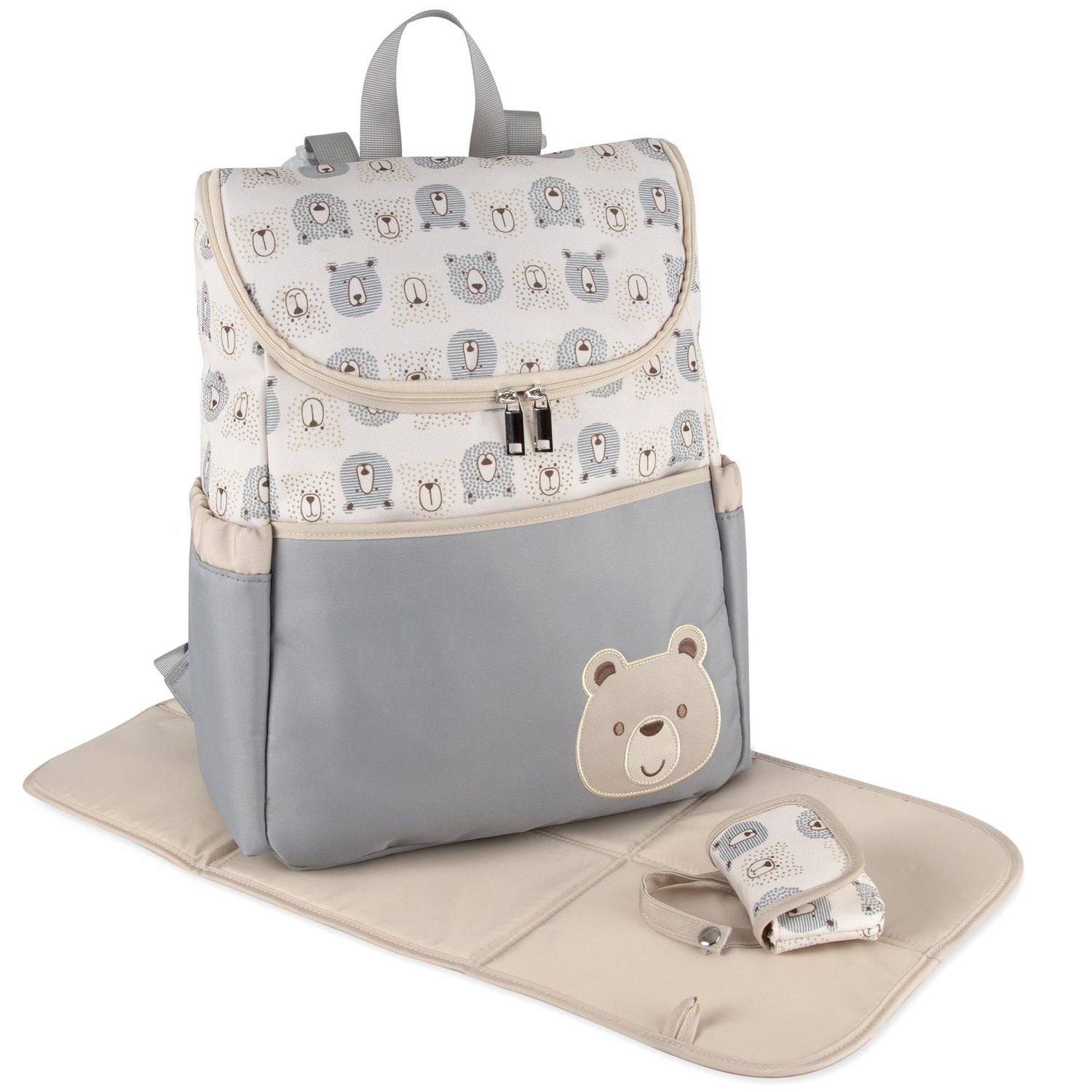 Baby Essentials Multi-Pocket Teddy Bear Print Baby Diaper Bag Backpack with Stroller Straps, Matching Changing Pad and Pacifier Pouch