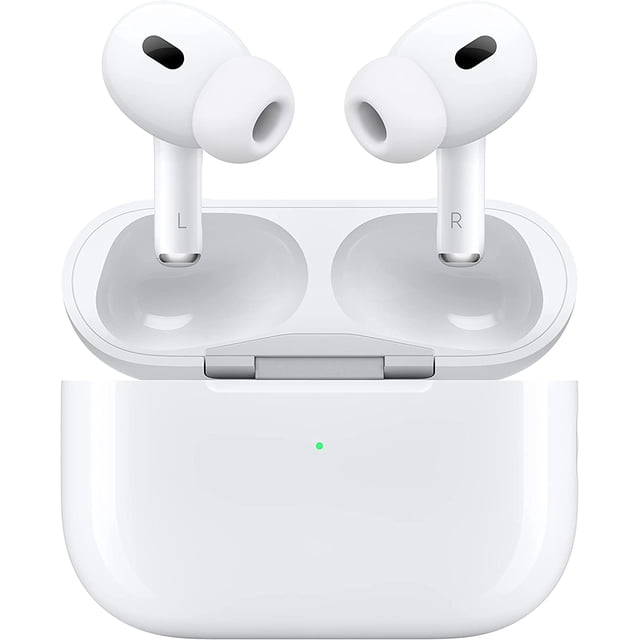 Apple AirPods Pro 2nd Generation wireless earbuds with MagSafe Charging Case and USB-C (MTJV3AM/A) displayed in an open box view. The white earbuds feature silicone ear tips and a compact stem design, resting inside the charging case with a visible green LED indicator.