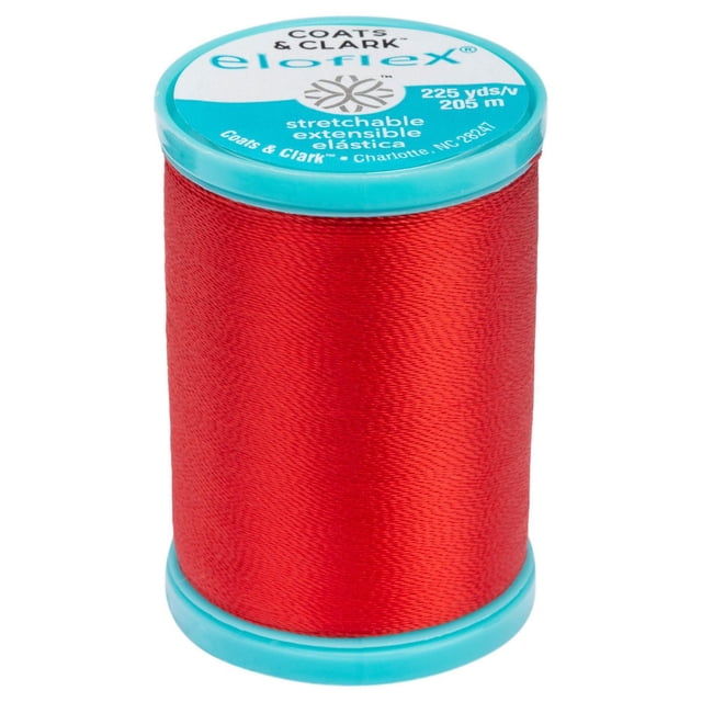 Coats & Clark Eloflex Stretch Thread spool in bright red with turquoise plastic ends, containing 225 yards of stretchable thread designed for sewing notions and creating secure, extensible seams in sportswear and knit fabrics.