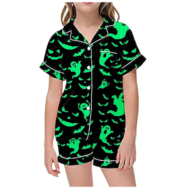 WEAIXIMIUNG Ensemble de Pyjama à Manches Courtes et Col Boutonné Imprimé pour Enfants 10-11 Ans