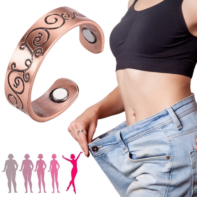 EGNMCR Pure Antique Copper Magnetic Energy Ring with an open design, featuring elegant swirl engravings and embedded magnets. Crafted from solid copper, this ring is designed for comfort and is associated with potential health benefits like improved circulation and pain relief. The image includes a person wearing the ring, emphasizing its fit and style, along with a graphic symbolizing wellness benefits.