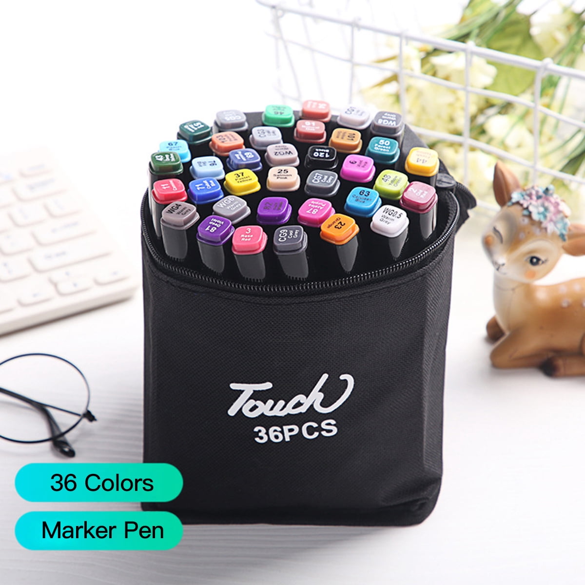 Amdohai 36 Colors Art Markers Set Double Tip Broad Fine Point Marker Pen with Carrying Bag Art Supplies for Students Adults Artists Drawing Coloring Sketching Design