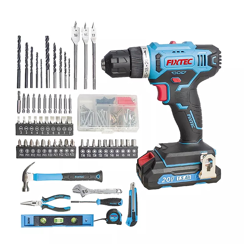 FIXTEC 20V Lithium-Ion Cordless Drill and Project Kit with 1.5Ah Battery, Charger and Storage Case, 221 Piece Drill Project Kit