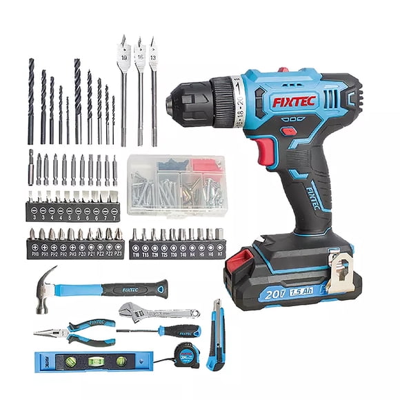 FIXTEC 20V Lithium-Ion Cordless Drill and Project Kit with 1.5Ah Battery, Charger and Storage Case, 221 Piece Drill Project Kit