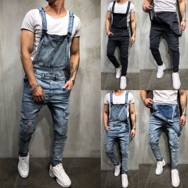 Men Distressed Denim Overalls Suspender Trousers Bib Pants Skinny Jean Jumpsuits